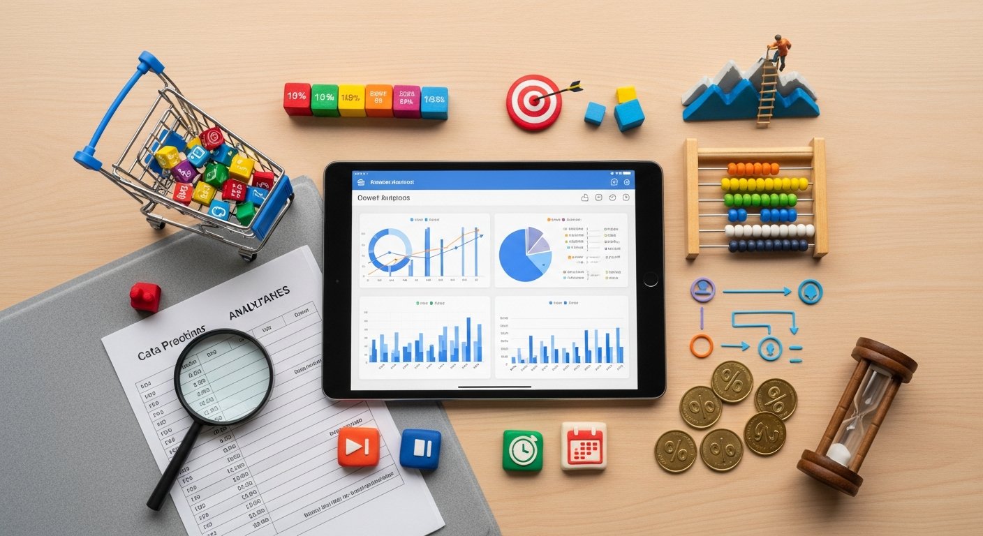 Featured illustration of e-commerce analytics dashboard showing metrics for digital marketing and online business strategy