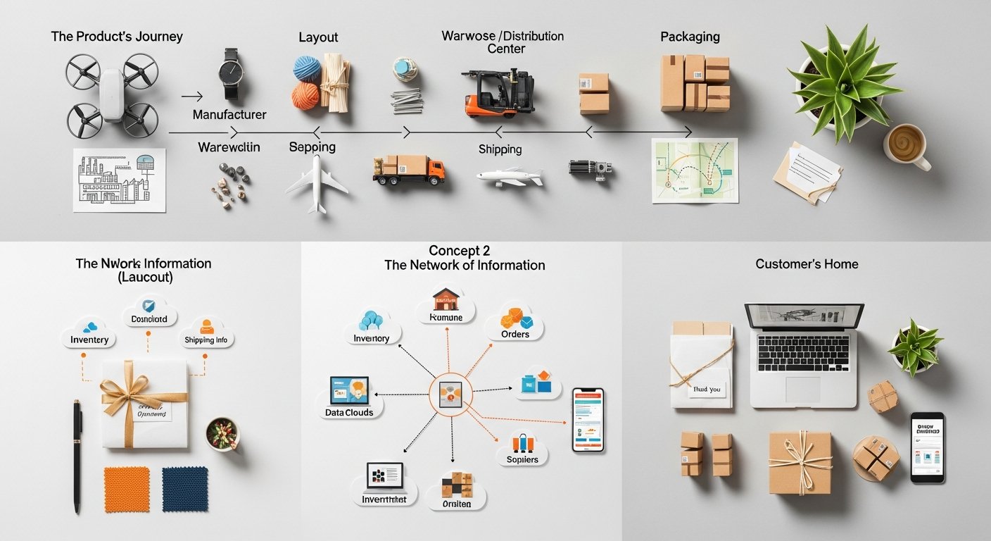 Illustration of e-commerce strategy and supply chain flow for digital marketing and online business