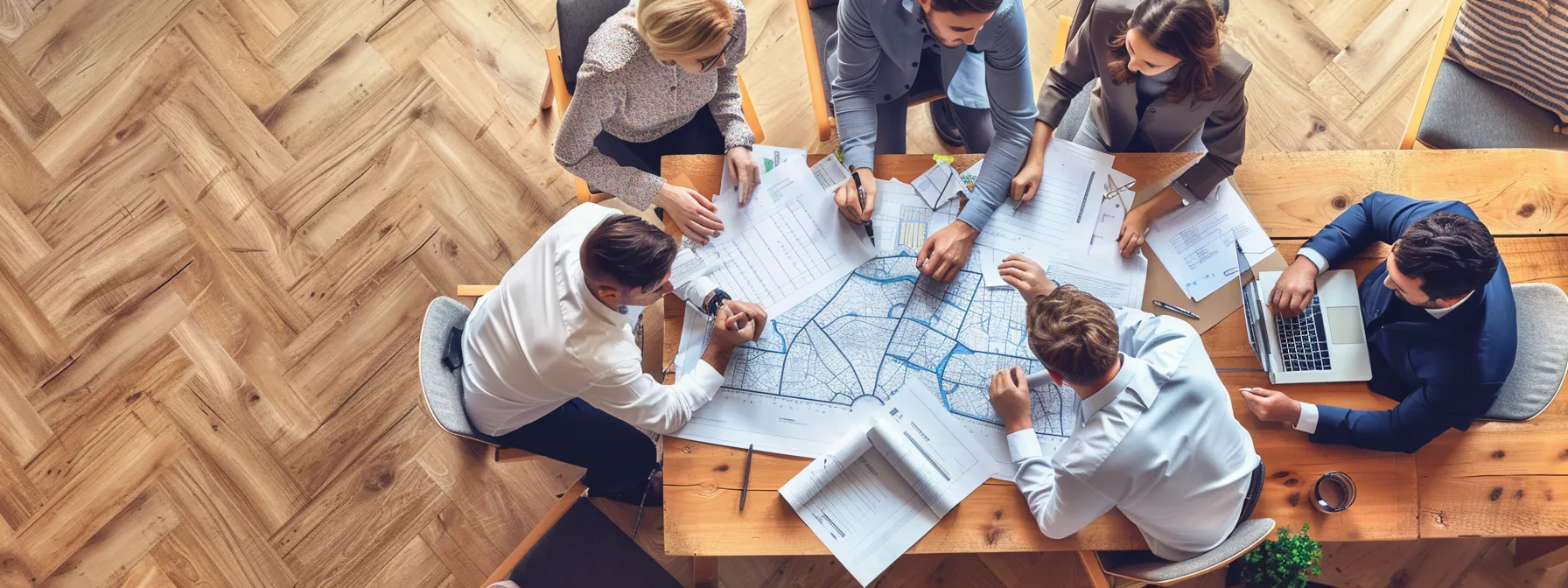 a group of professionals sitting around a table with maps and blueprints discussing real estate transactions in morro hills.