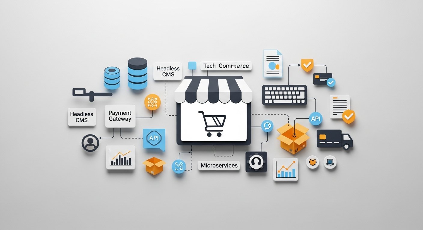 Featured illustration of a headless commerce platform powering e-commerce strategy, digital marketing, and online business growth