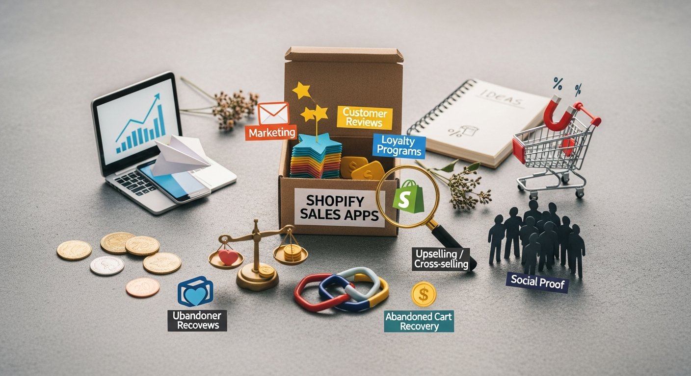 Featured illustration: Shopify apps boosting online sales for e-commerce strategy and digital marketing