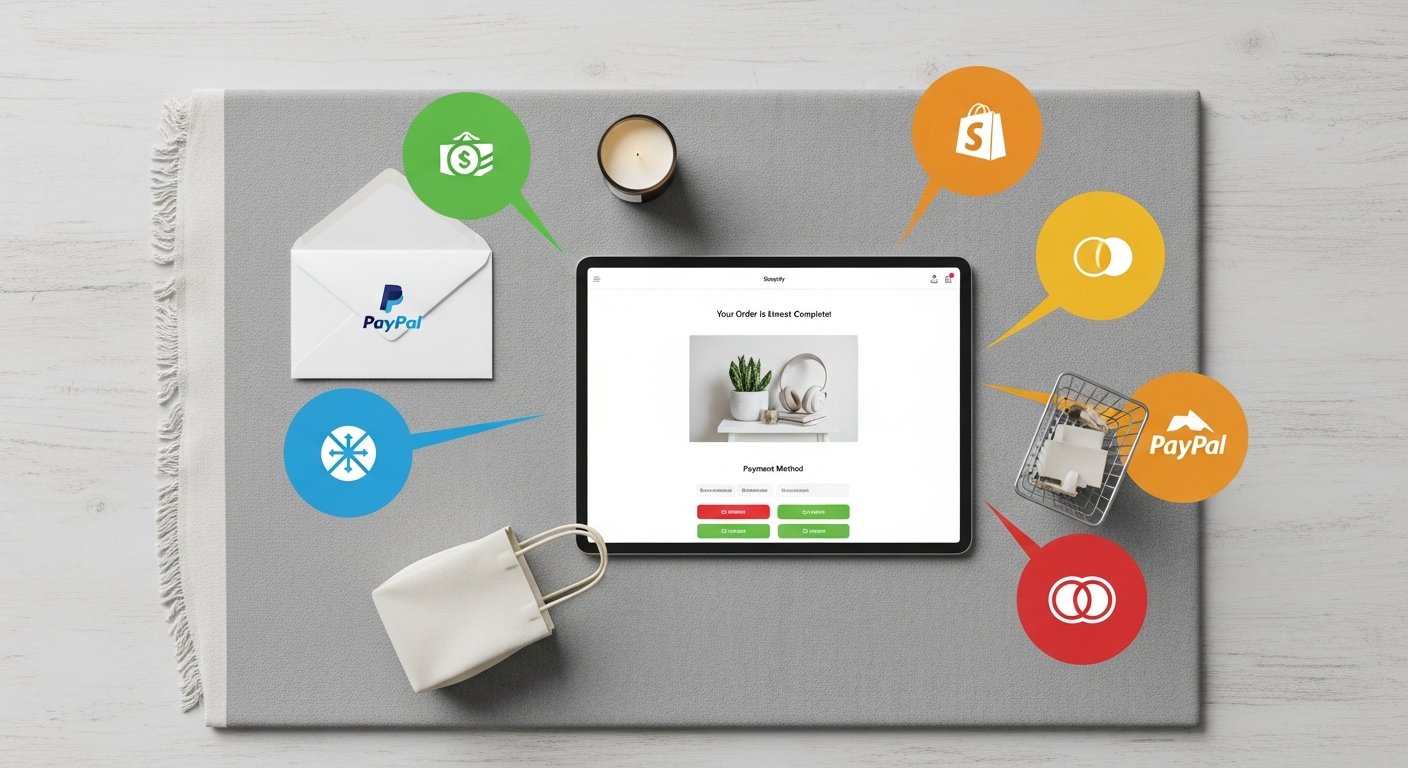 Illustration of Shopify payment gateways on a laptop for e-commerce strategy, digital marketing, and online business