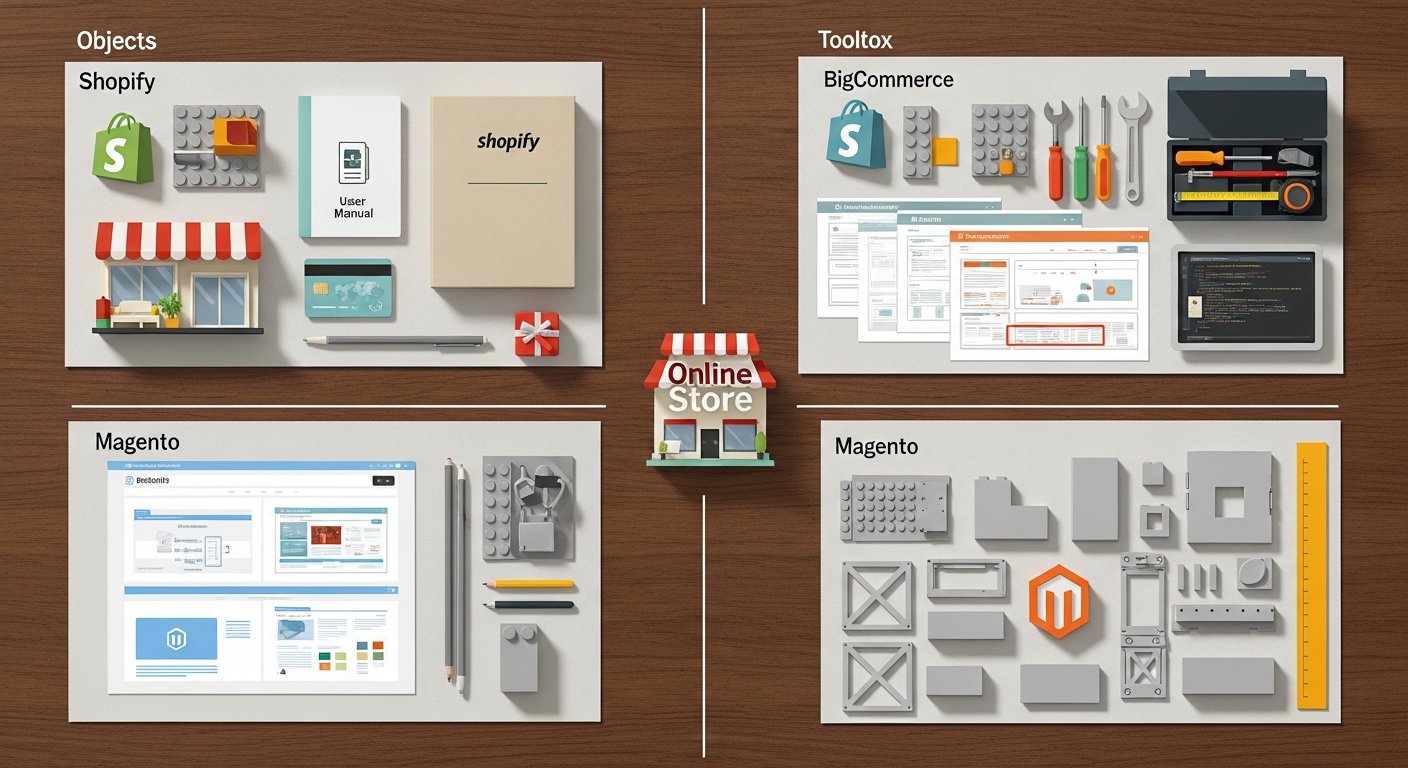 Illustration comparing Shopify, BigCommerce, and Magento for e-commerce strategy and digital marketing