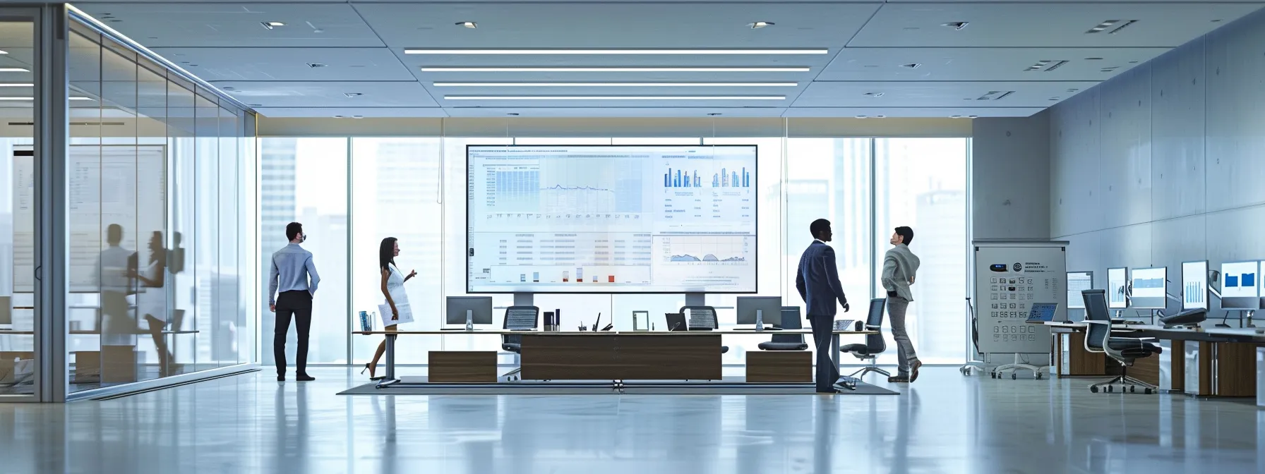 a sleek office space buzzes with activity as professionals collaborate over financial reports and advanced accounting software.